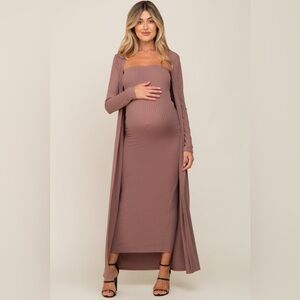 Mocha Ribbed Sleeveless Dress Cardigan Maternity Set - size large